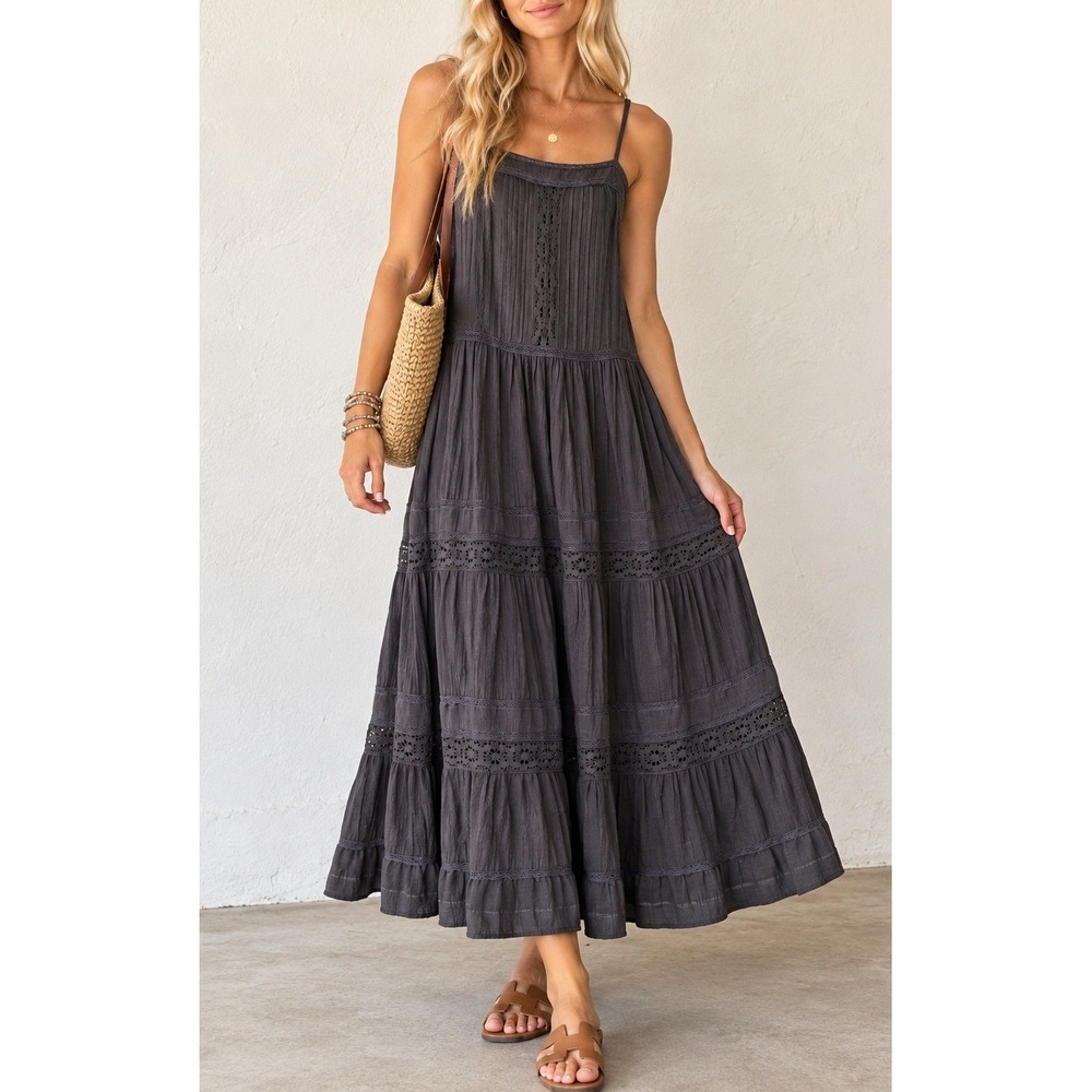 NWT Lucky Brand Womens Boho Tiered Eyelet Lace Midi Dress Small Gray Sleeveless